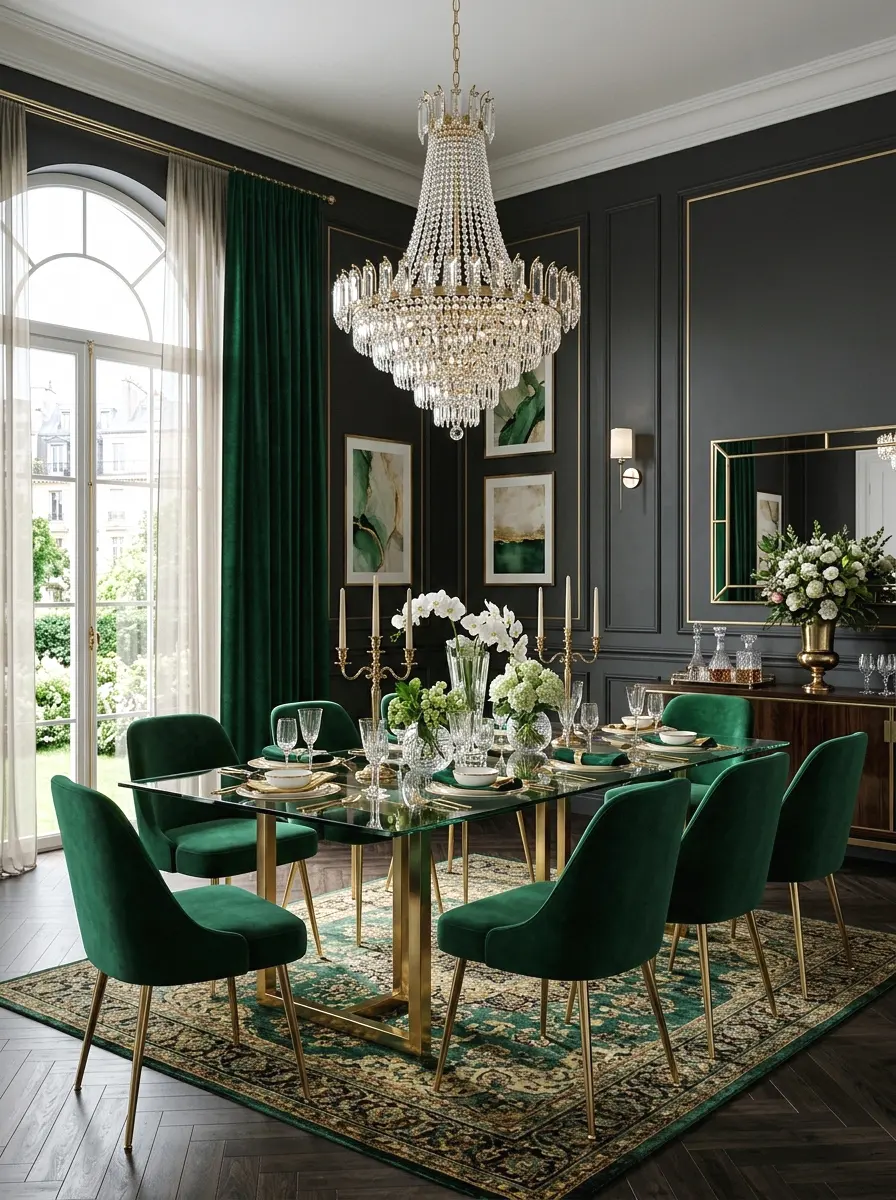 glam dining room with velvet chairs