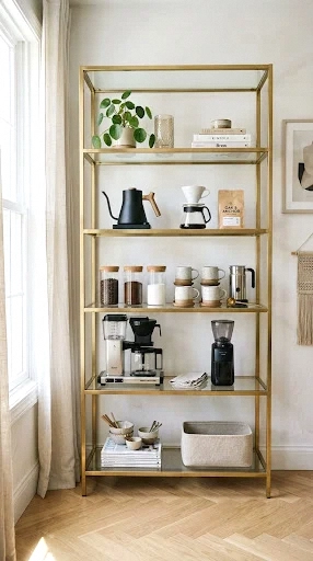 glass and brass etagere coffee bar