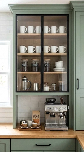 glass-front cabinet coffee bar