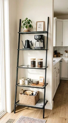 glass shelf ladder coffee bar