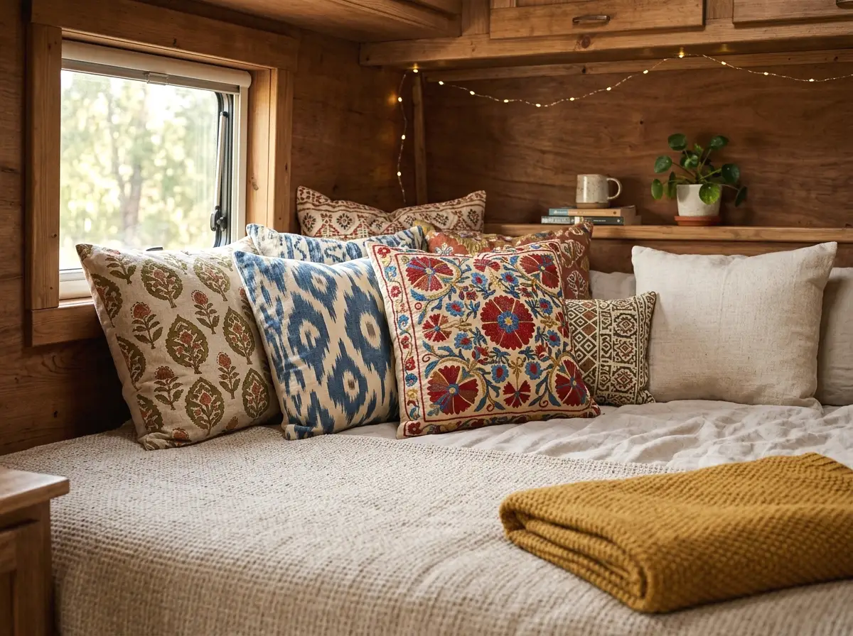 global-print throw pillows on the bed
