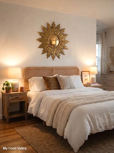 gold sunburst mirror above the bed