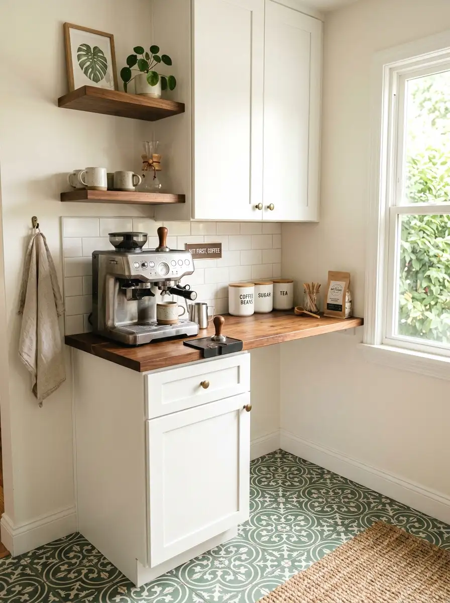 green ceramic tile floor coffee corner