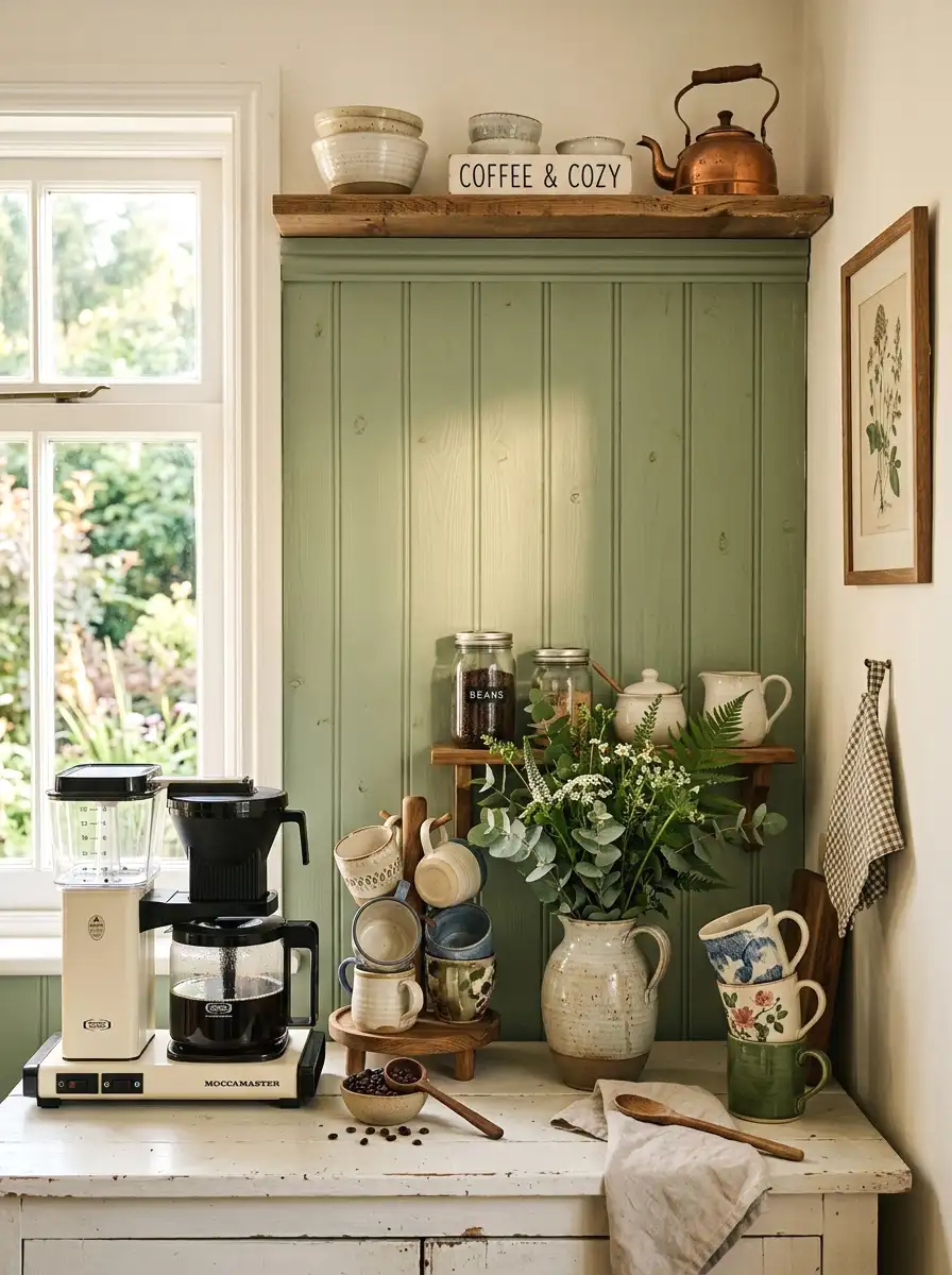 green painted beadboard backsplash