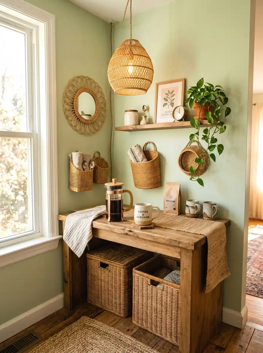 green rattan and wicker accents
