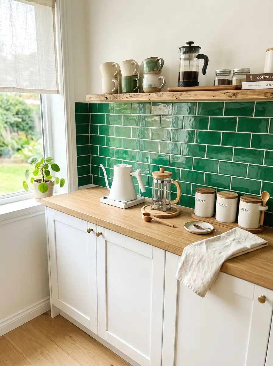 green subway tile backsplash