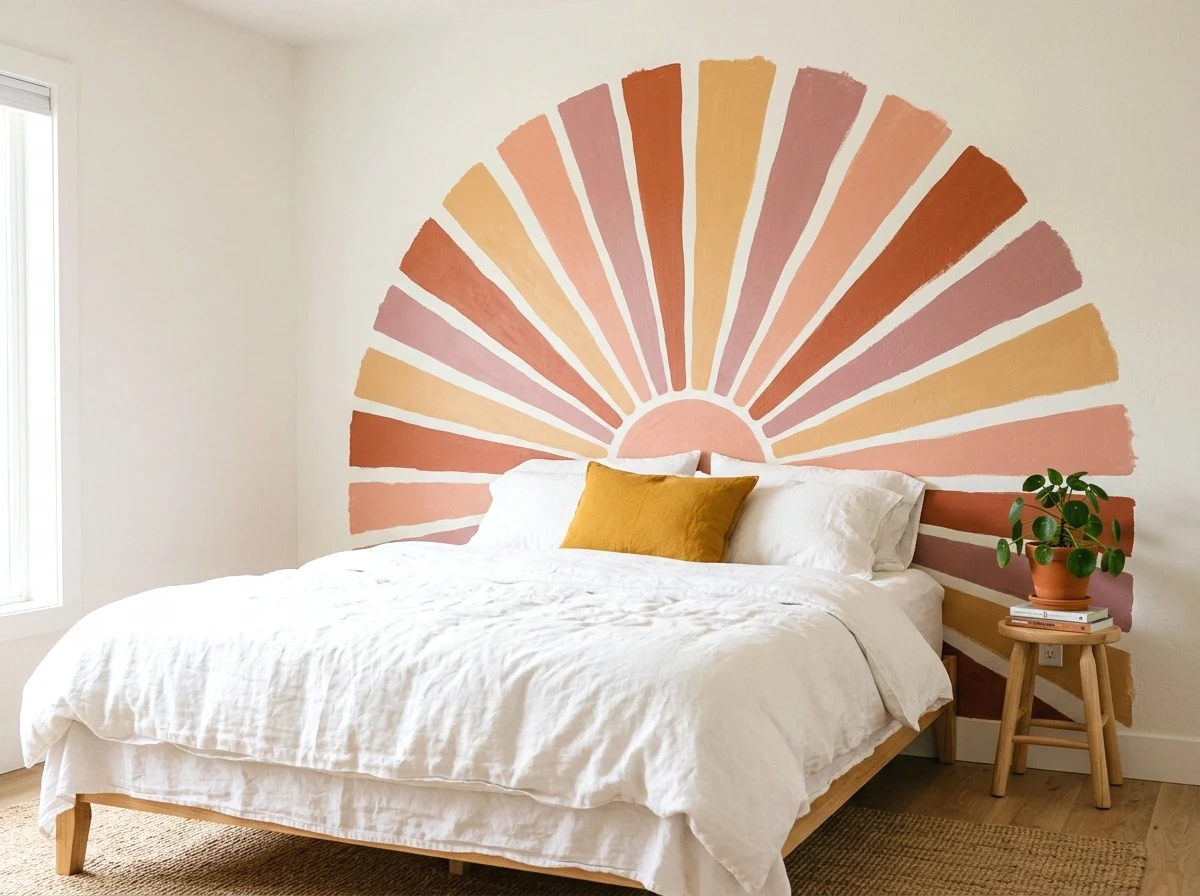 hand-painted sunburst mural headboard