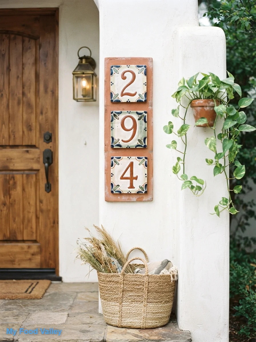 handcrafted house numbers in ceramic tile or warm brass