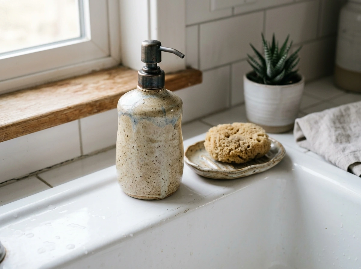 handmade ceramic soap dispenser and dish set