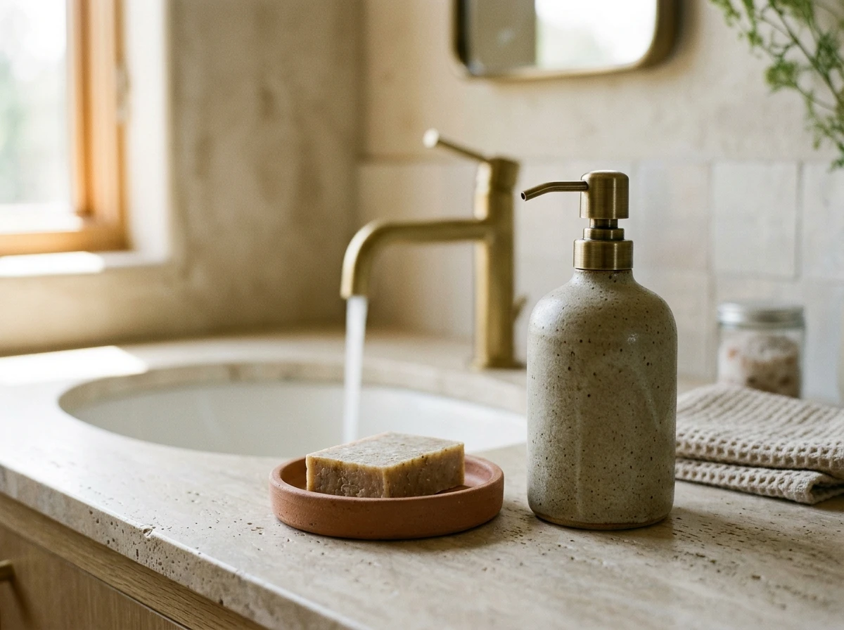 handmade soap dispenser and ceramic tray styling