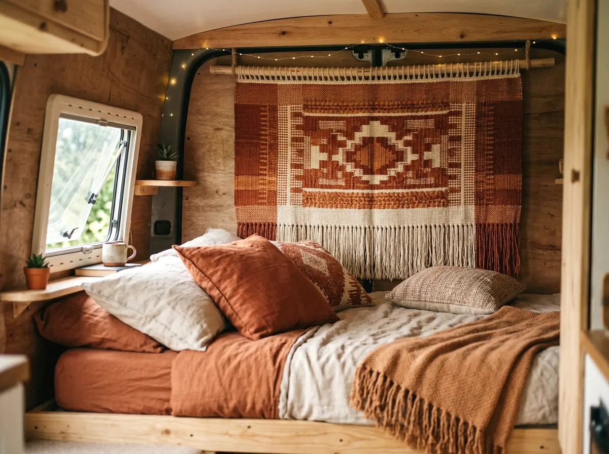 handwoven wall tapestry behind the bed