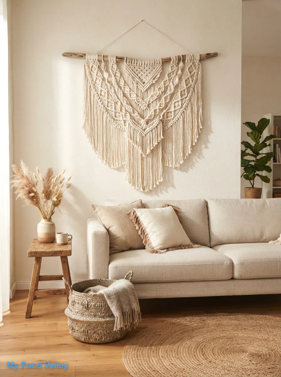 hang a macramé wall piece above the sofa