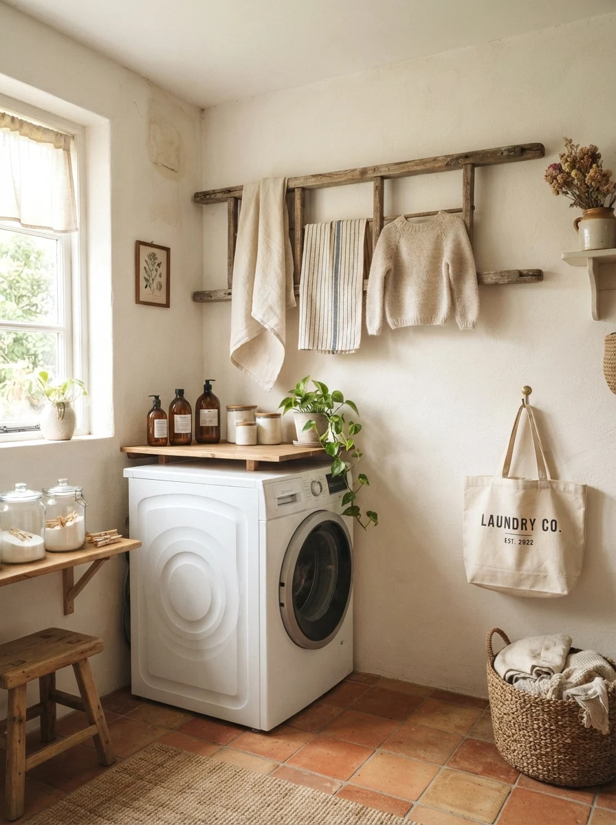 hang a vintage wooden ladder or drying rack