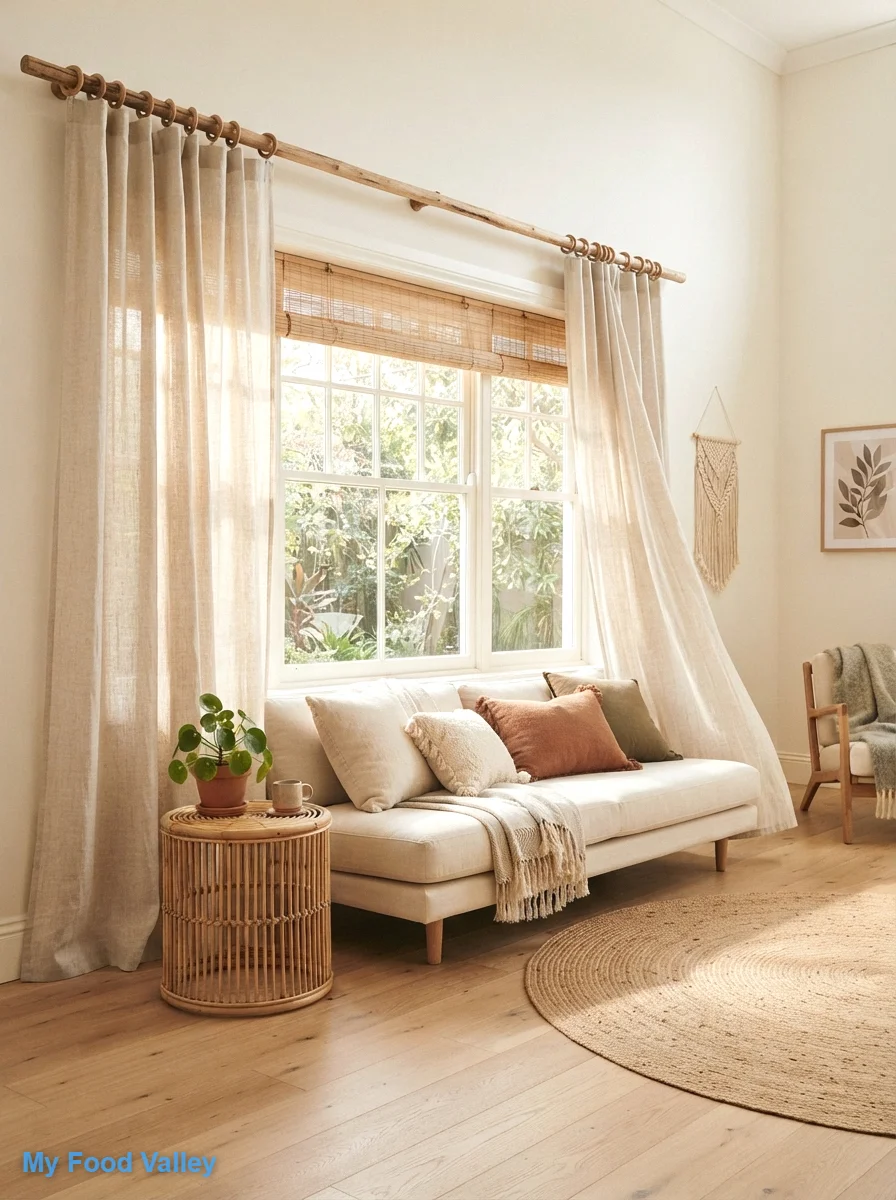 hang airy linen curtains from wooden rods