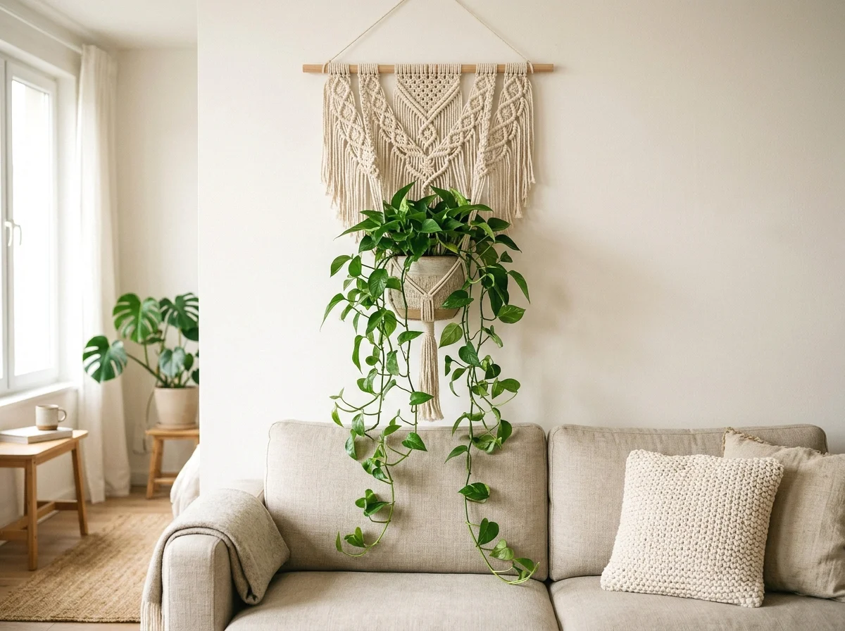 hanging macrame wall plant above the couch