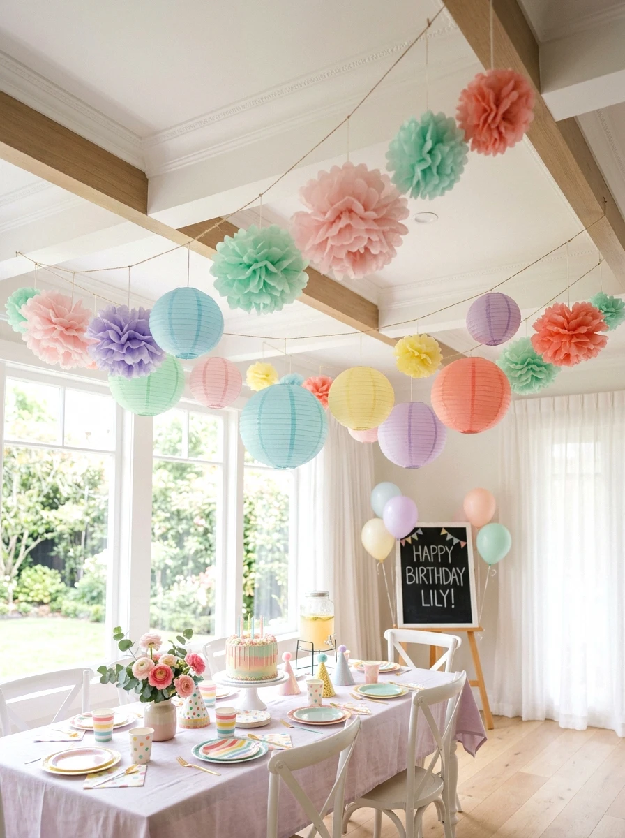 hanging paper lanterns and pompoms
