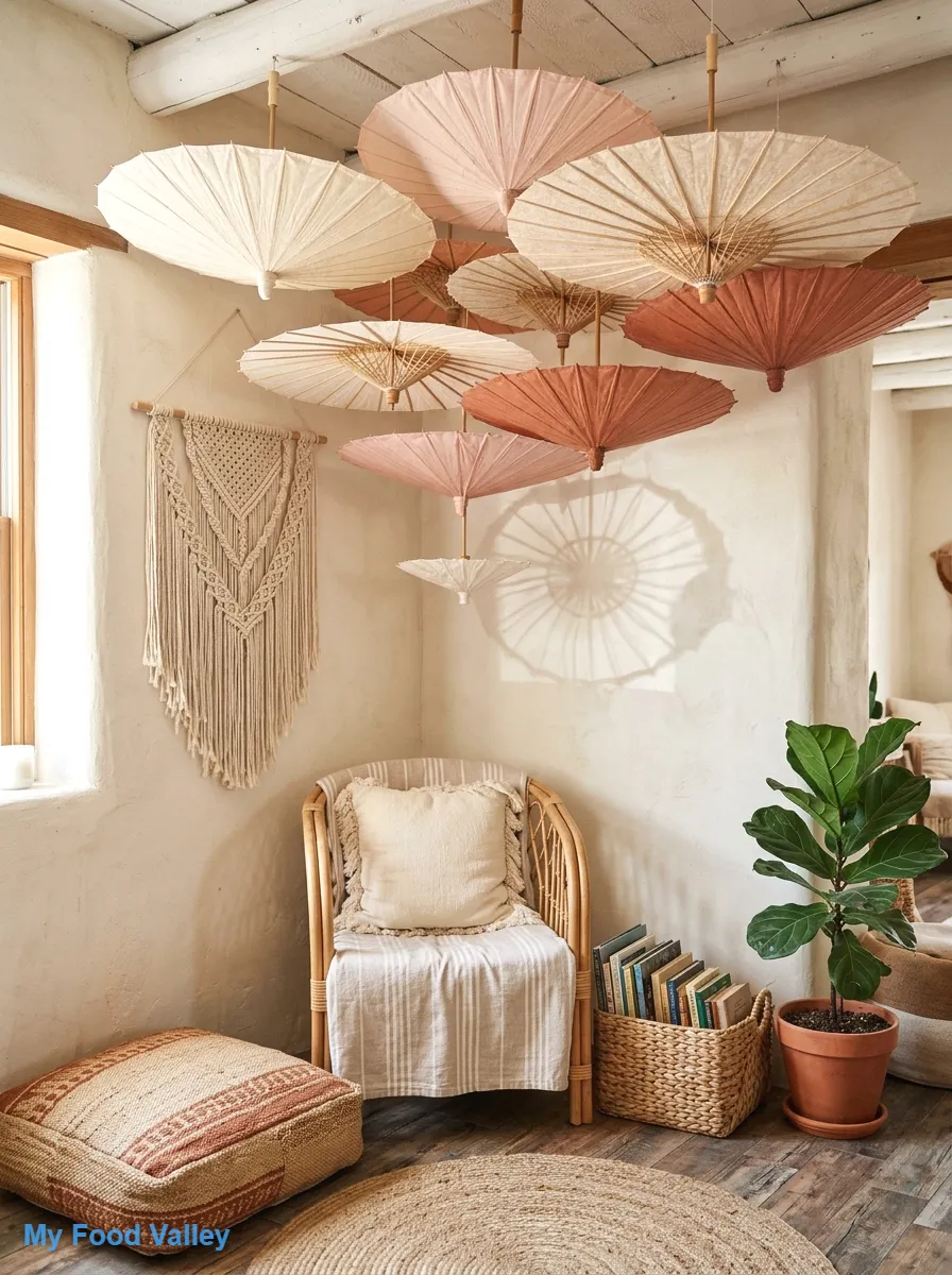 hanging parasols as indoor boho ceiling decor
