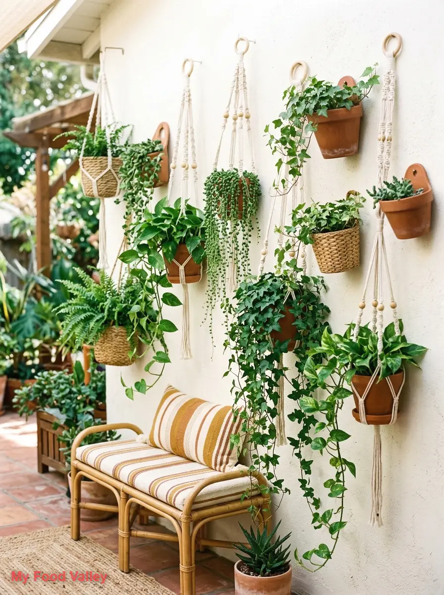 hanging planter wall of trailing greenery