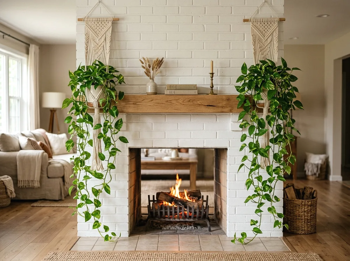 hanging plants framing the mantel