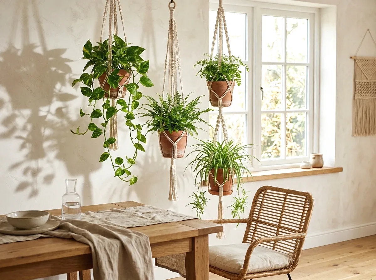 hanging plants in macrame holders