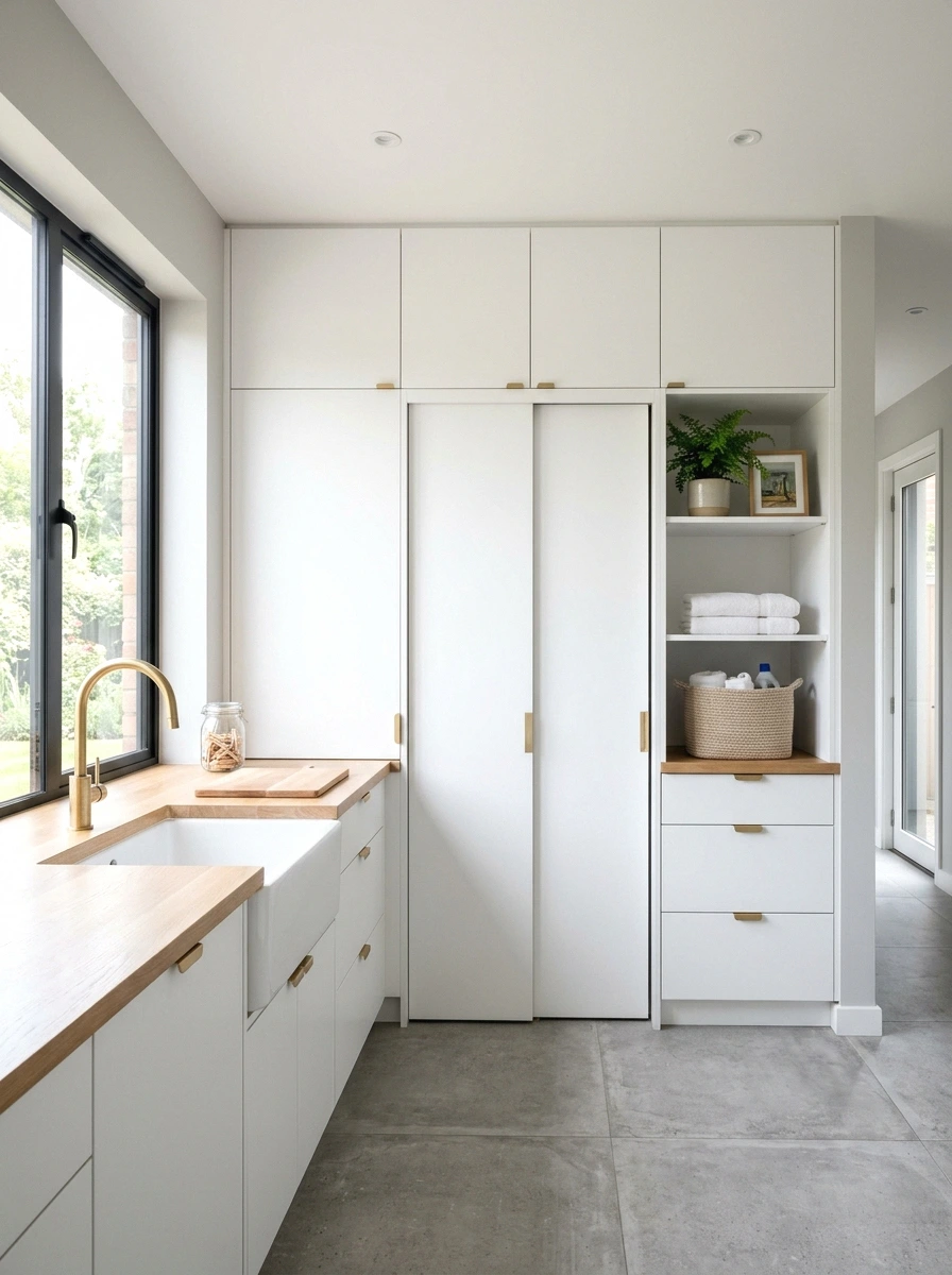 hidden laundry behind cabinet or pocket doors