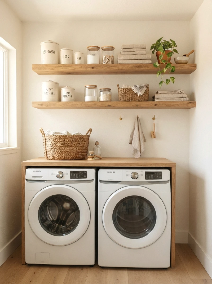 install open wood shelving with ceramic jars