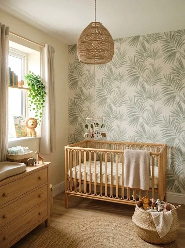jungle boho nursery with palm leaf wallpaper
