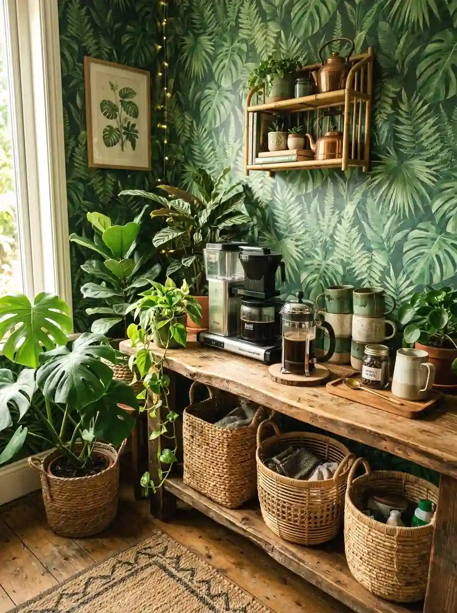 jungle-themed green coffee bar