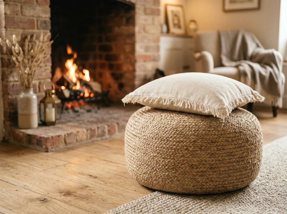 jute pouf seating near the fire
