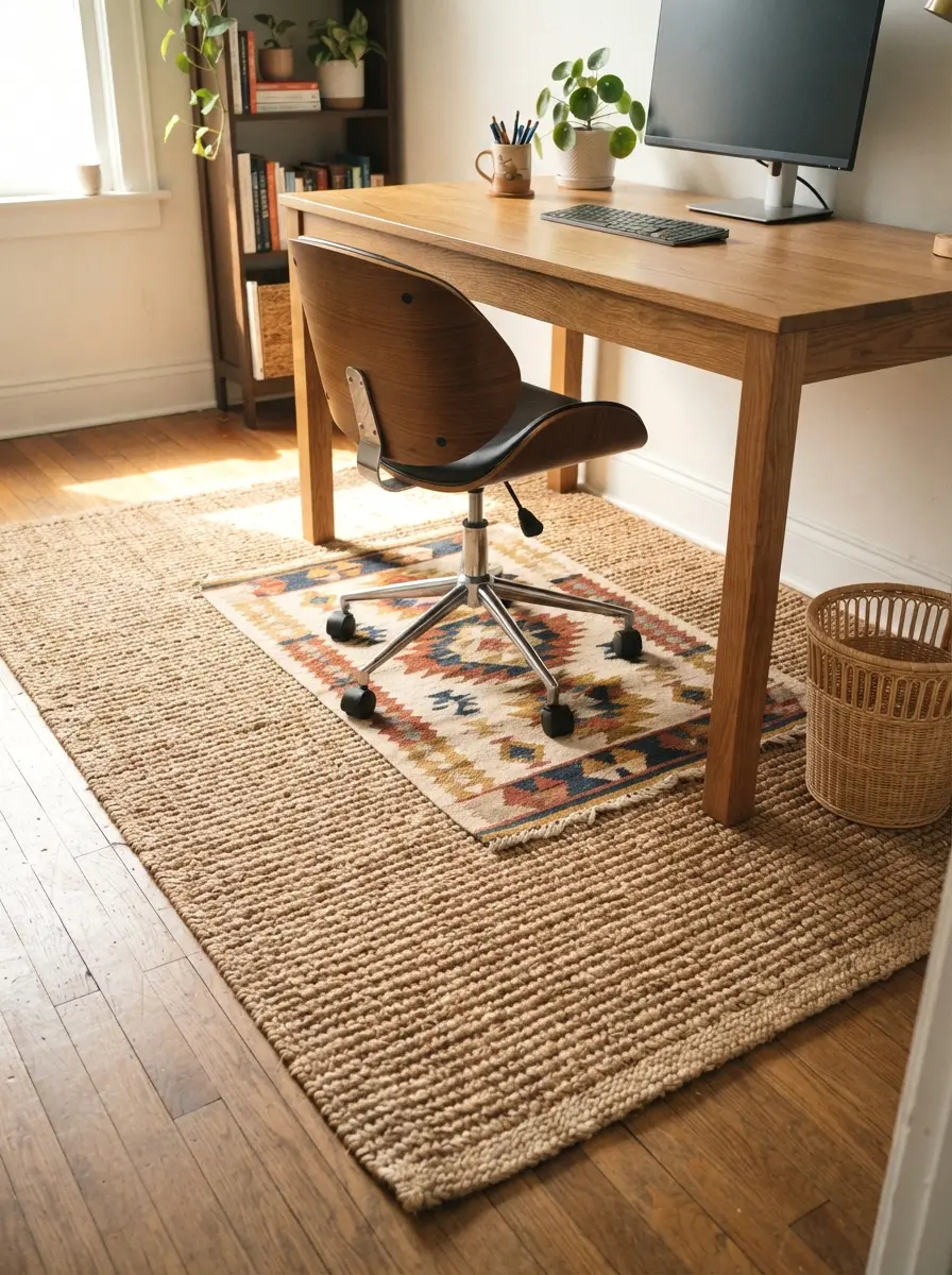jute rug layered under the desk
