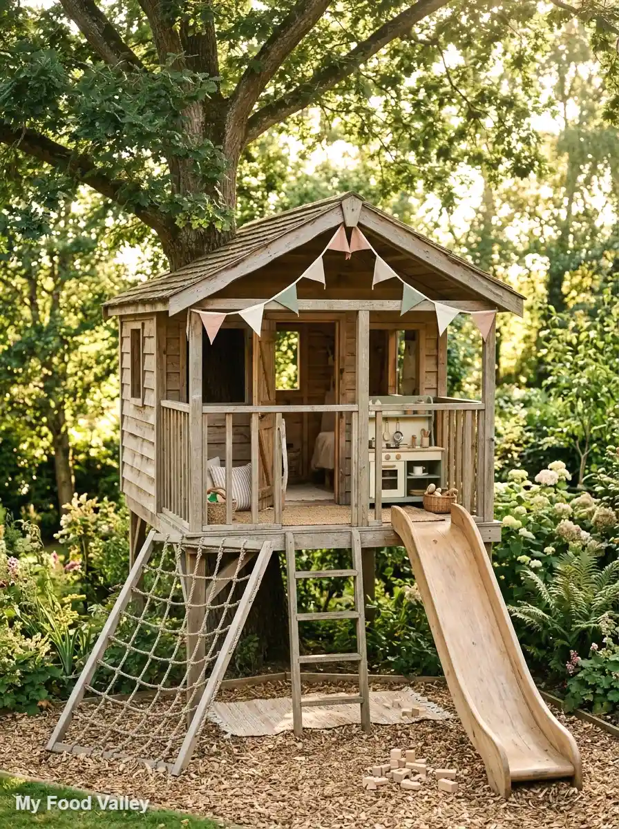 kids' boho play treehouse with pastel accents