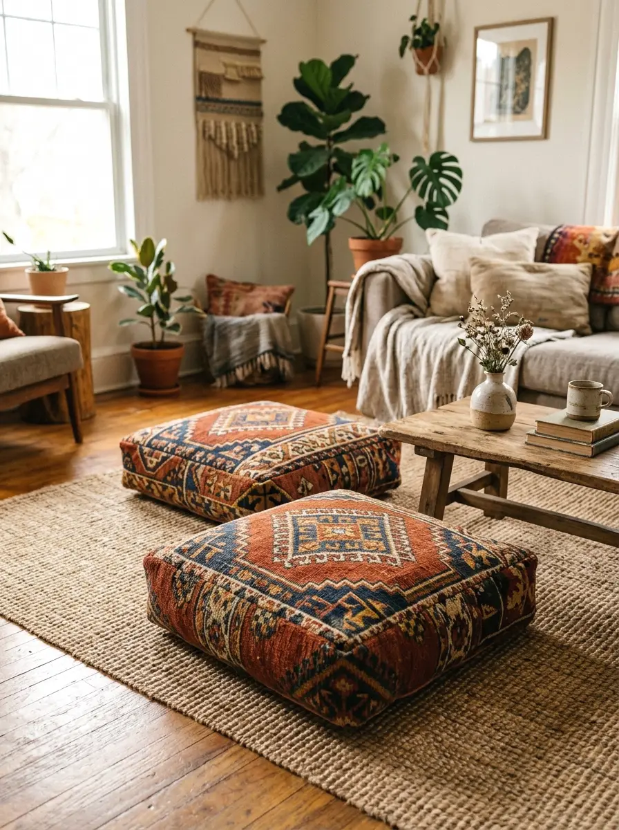 kilim-patterned floor cushions