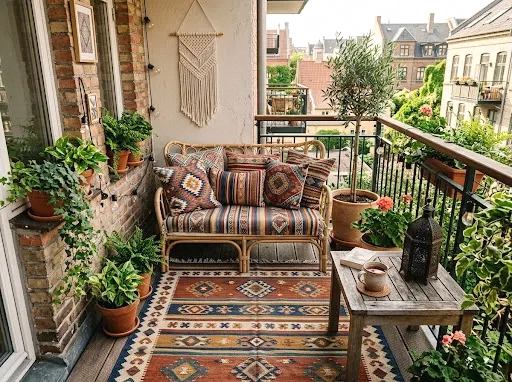 kilim-style outdoor rug with patterned cushions