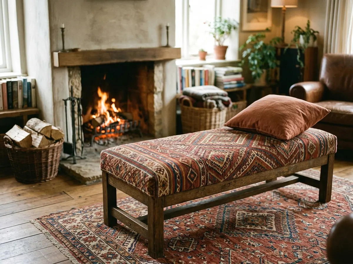 kilim-upholstered bench facing the fire