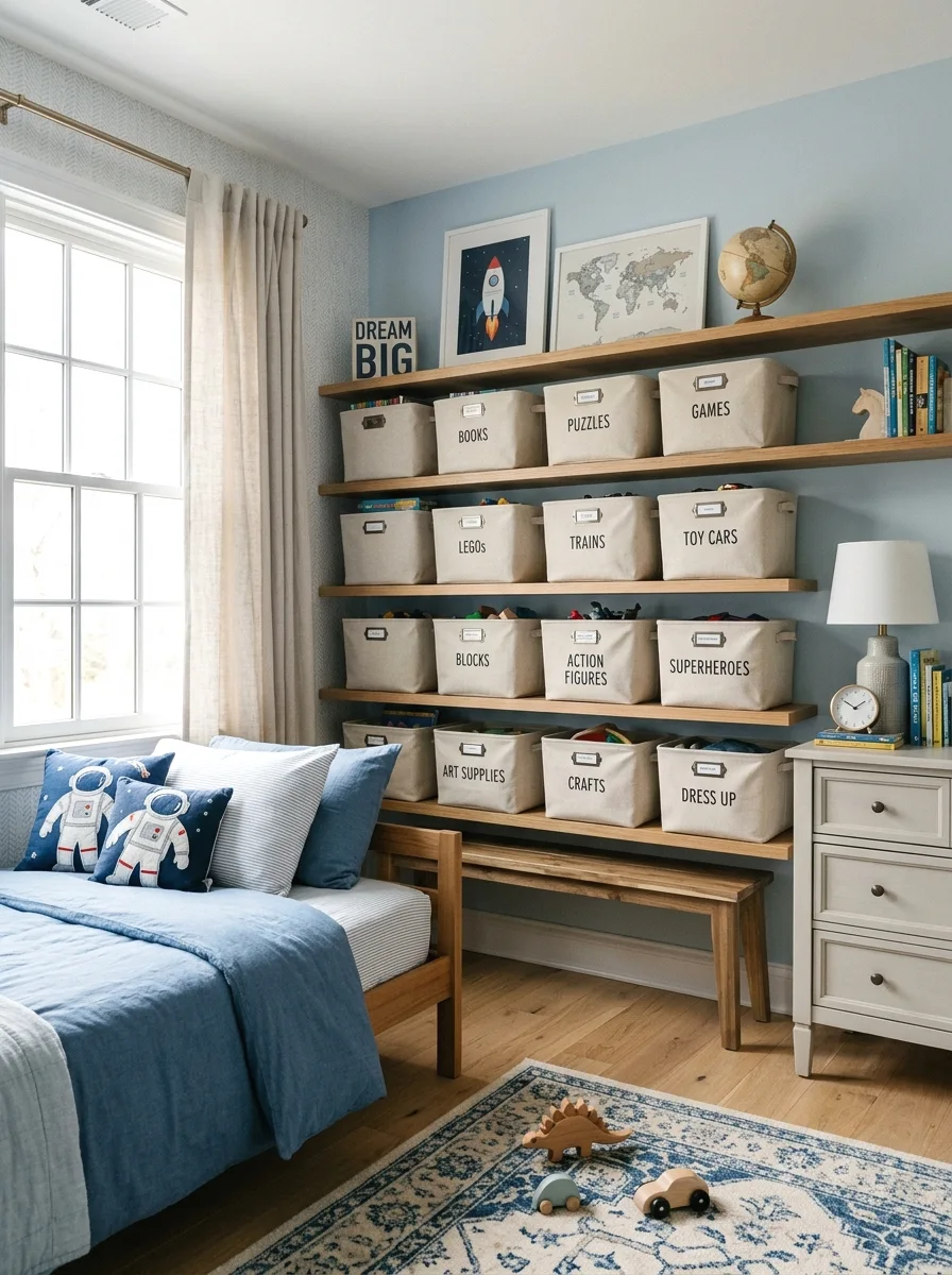 labeled toy storage bins