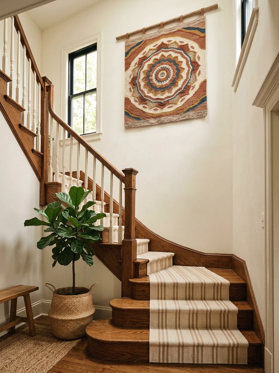 large tapestry or textile in a tall stairwell