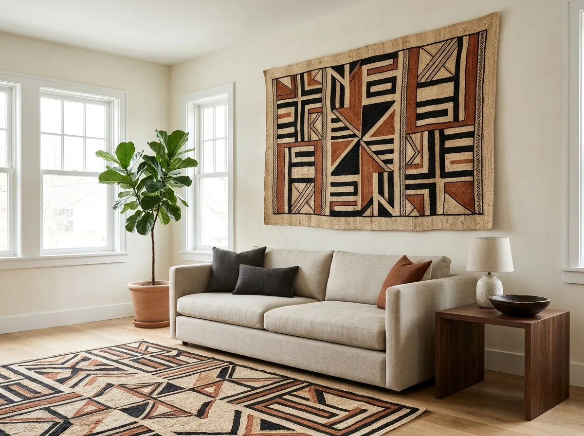 lay a kuba-inspired geometric rug or wall textile