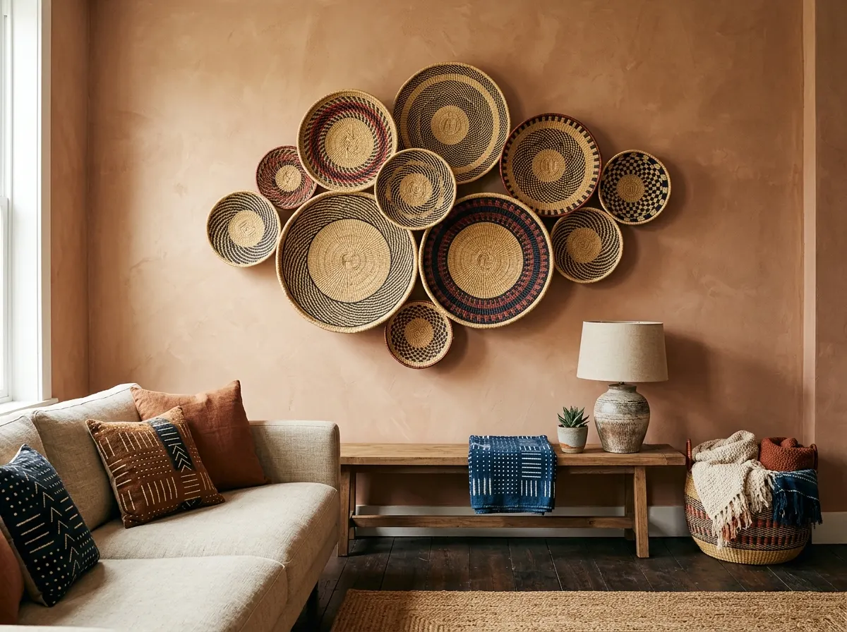 layer handwoven baskets on the wall