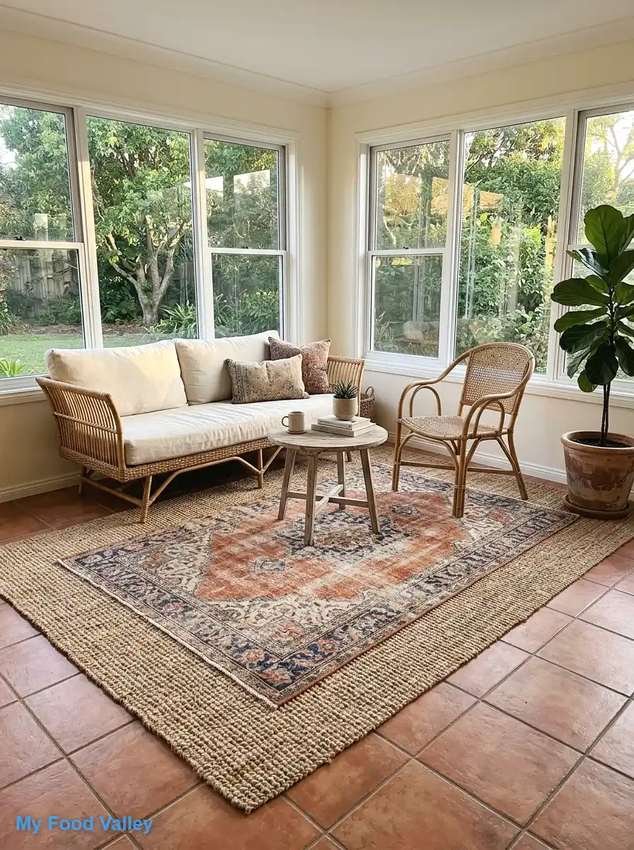 layer jute and vintage rugs over tile or wood floors