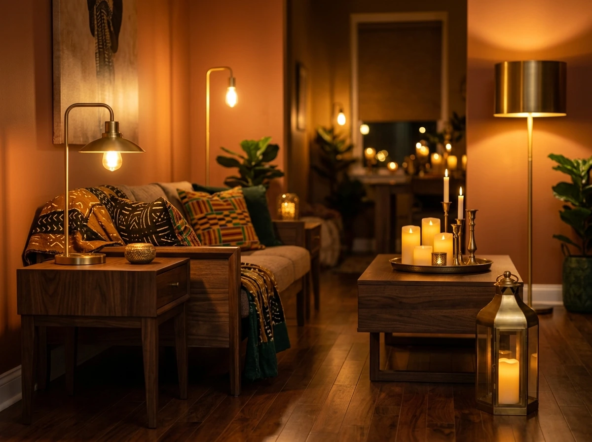 layer warm lighting with brass and candles