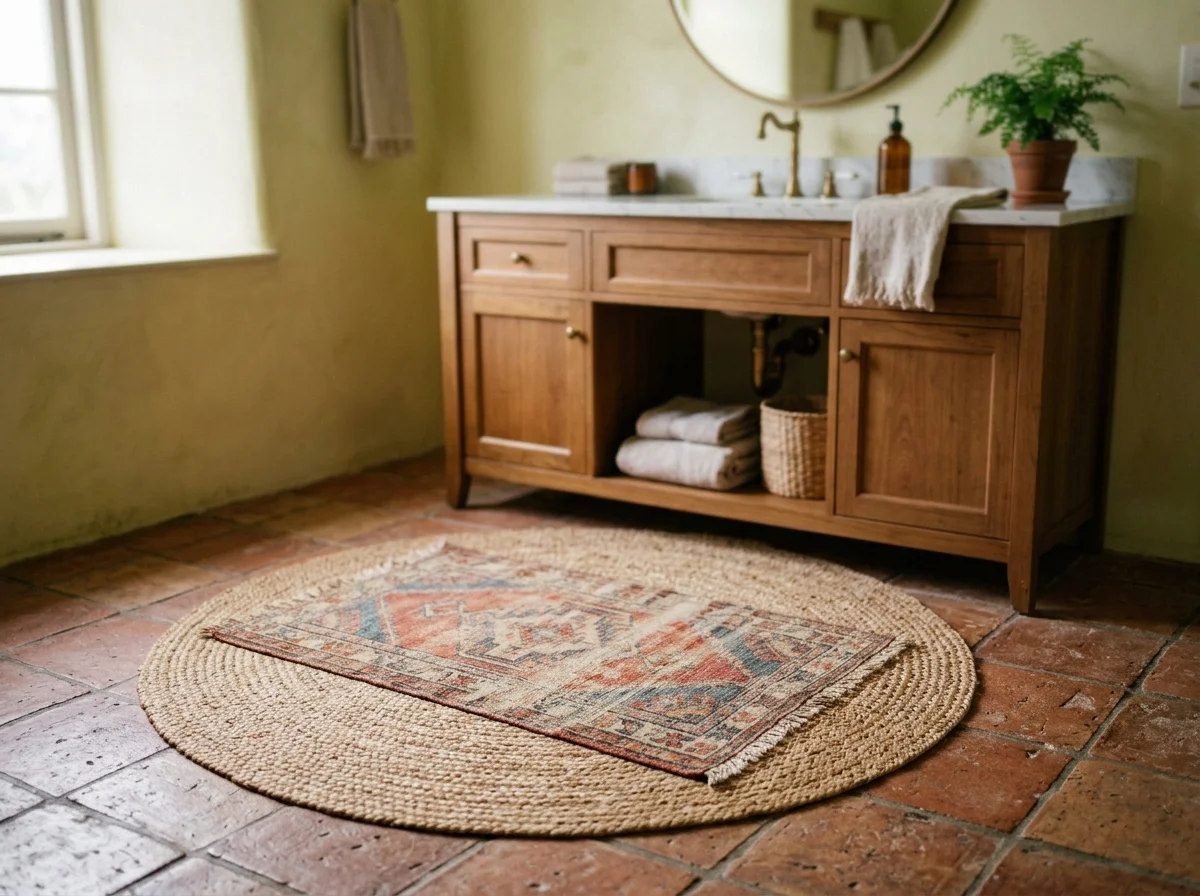 layered bath mats in front of the vanity