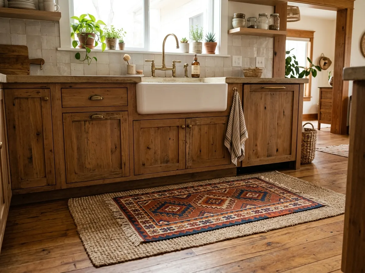 layered boho rugs in front of the sink