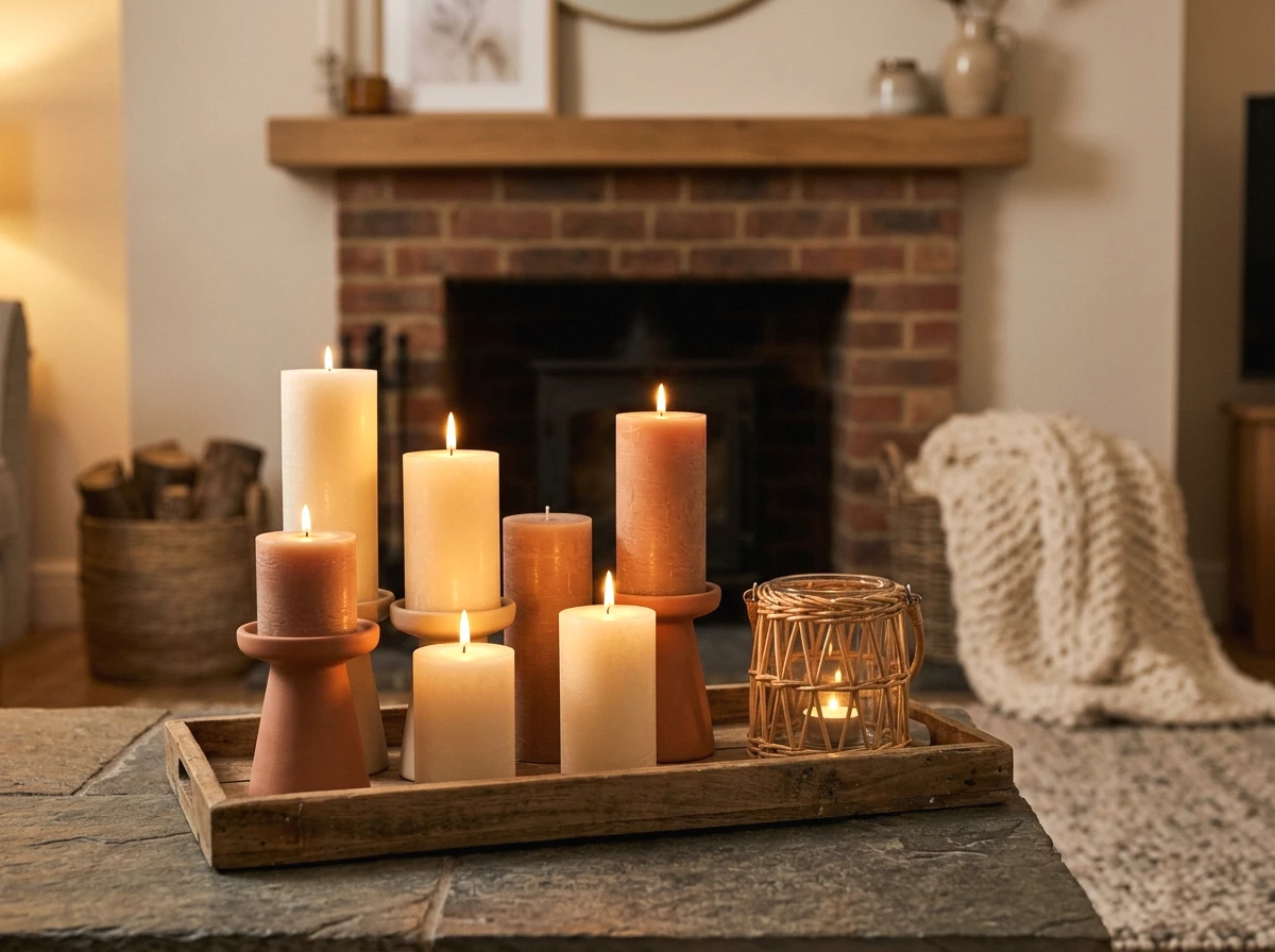 layered candles and lanterns on the hearth