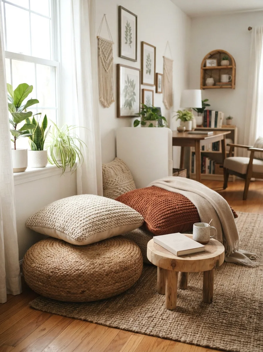 layered floor cushions for a reading nook
