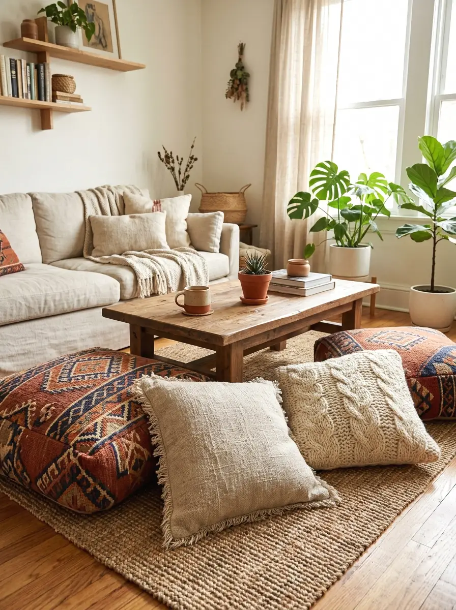 layered floor pillows around a low coffee table