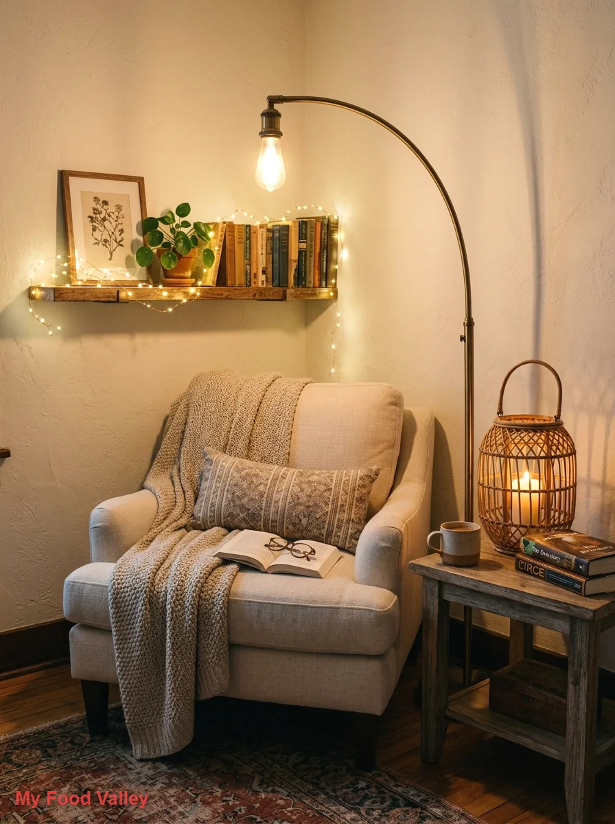 layered lighting with lanterns, fairy lights, and a floor lamp