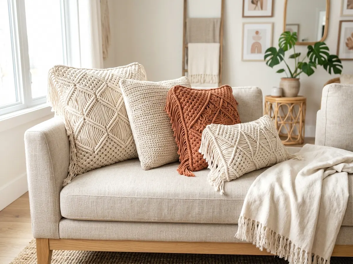 layered macrame throw pillows cascade