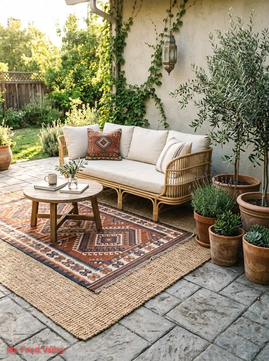 layered outdoor rugs in global patterns