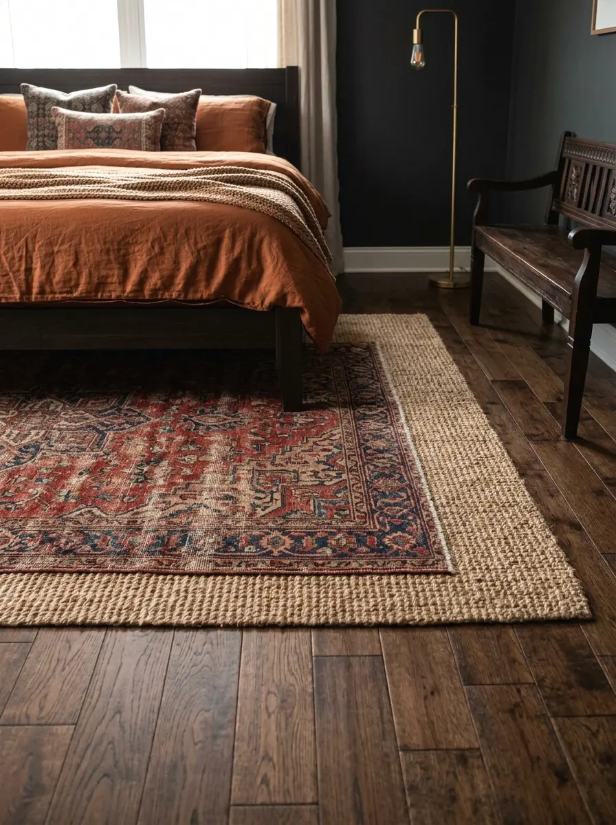 layered persian rugs over dark hardwood