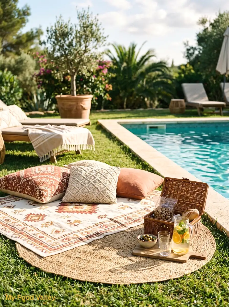 layered poolside textiles picnic area